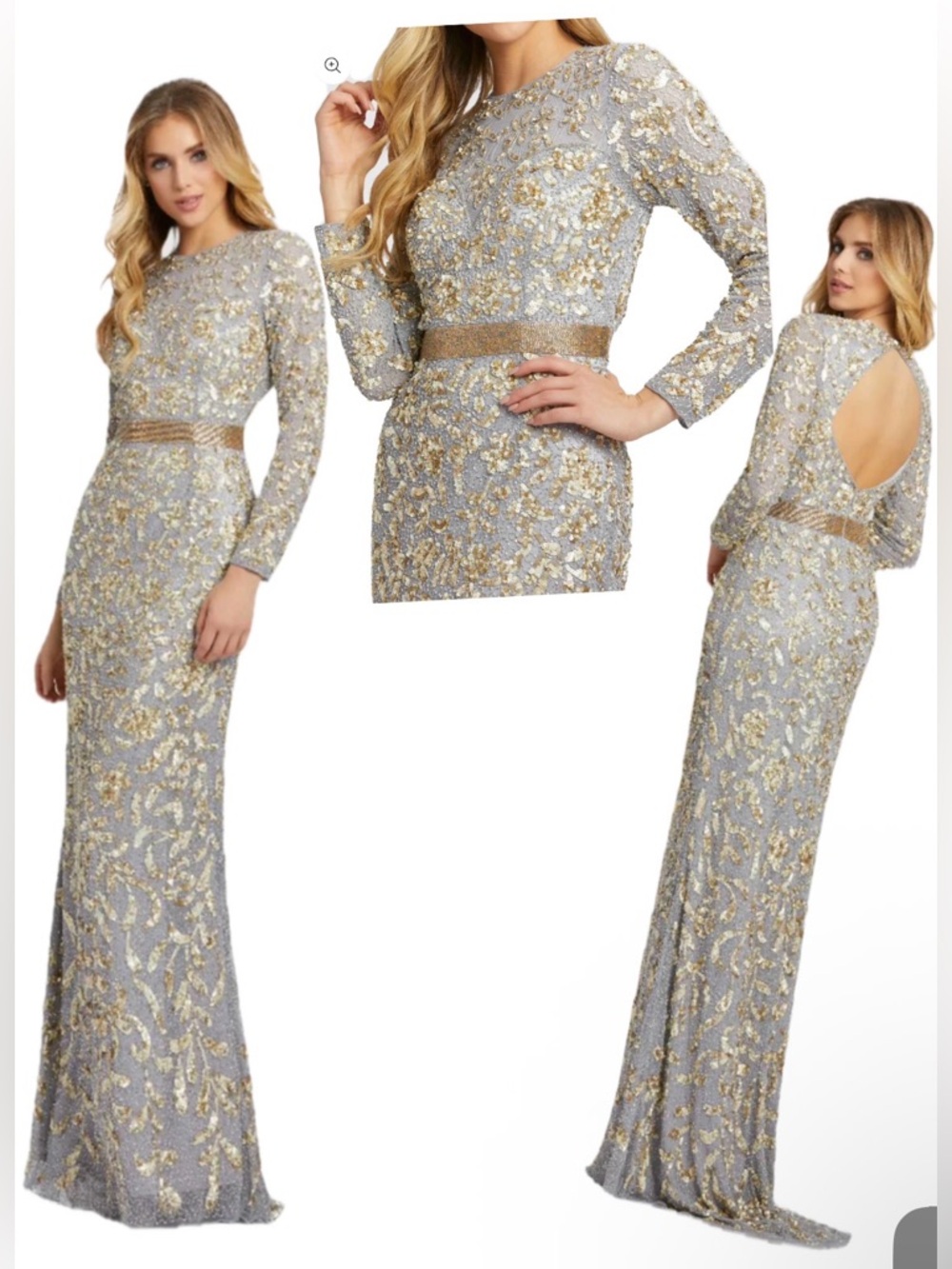 MAC DUGGAL 4316 Platinum/Gold Long Sleeve Embellished Open-Back Gown Sz 12 $798